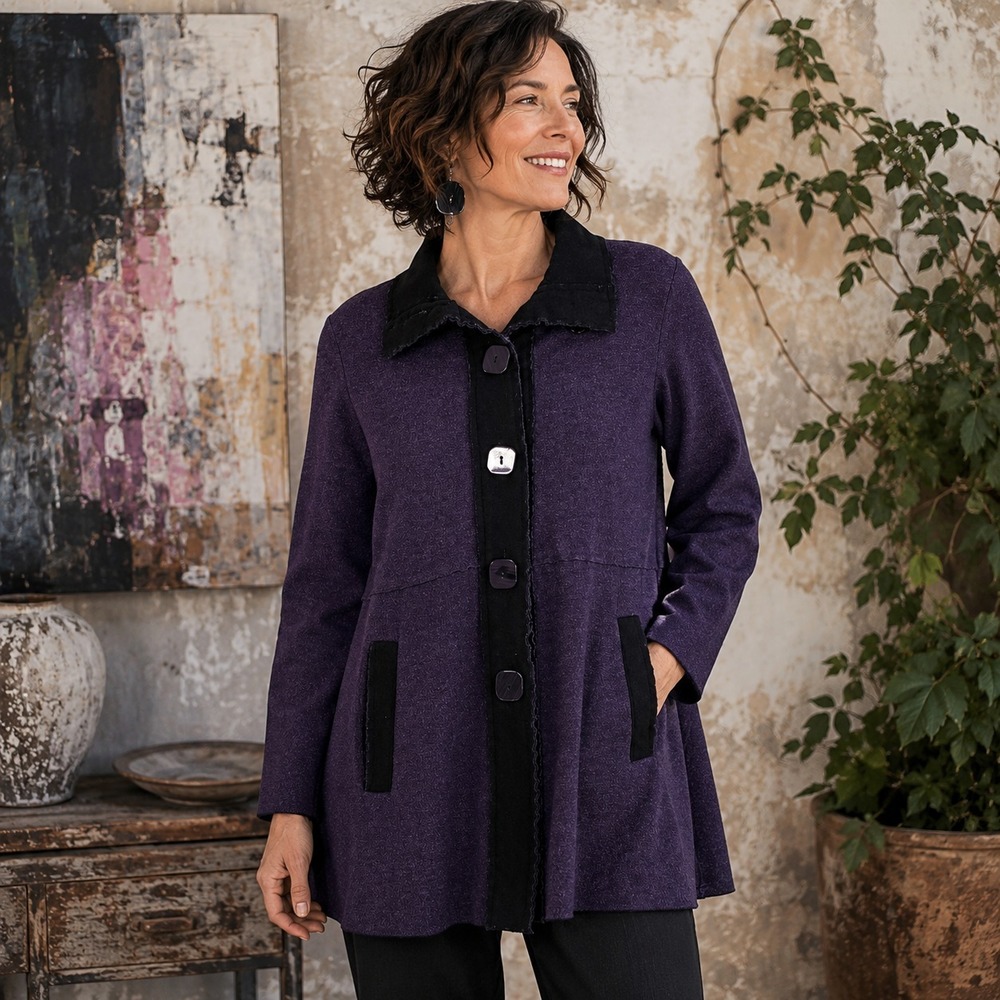 Habitat Button Front Felt Swing Jacket Sz XS Purple Black Artsy Lagenlook Boho